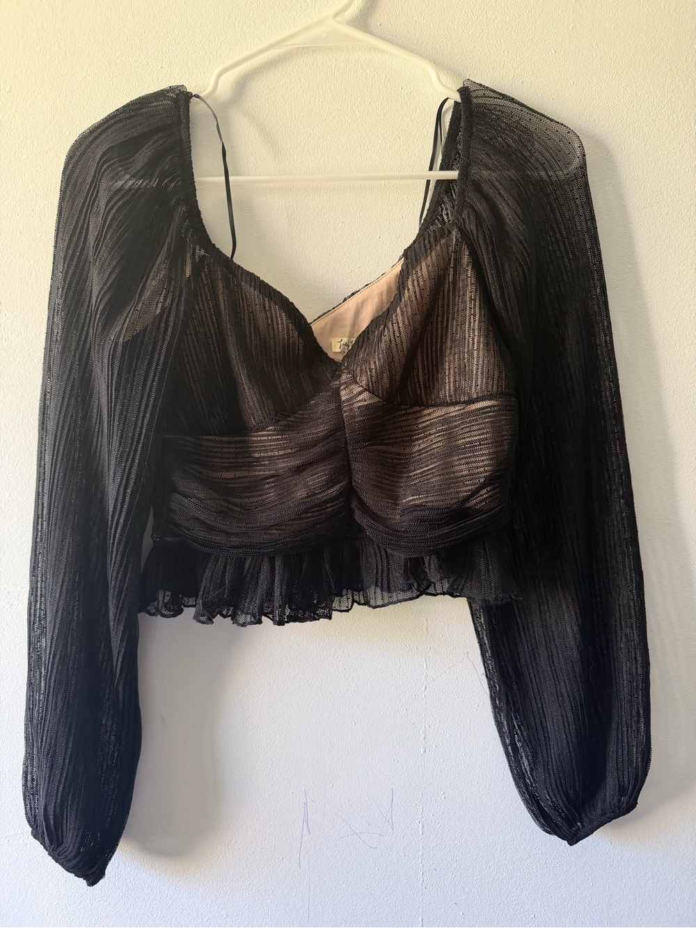 Lily White Black Sheer Ruffled Crop Blouse